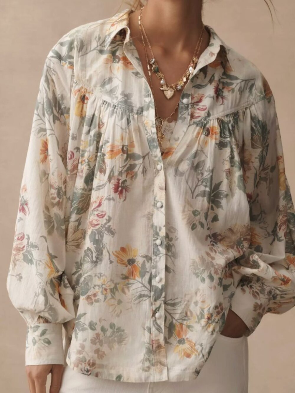 Pilcro Anthropologie Batwing Sleeve Yoke Button Down Floral Blouse, size Medium